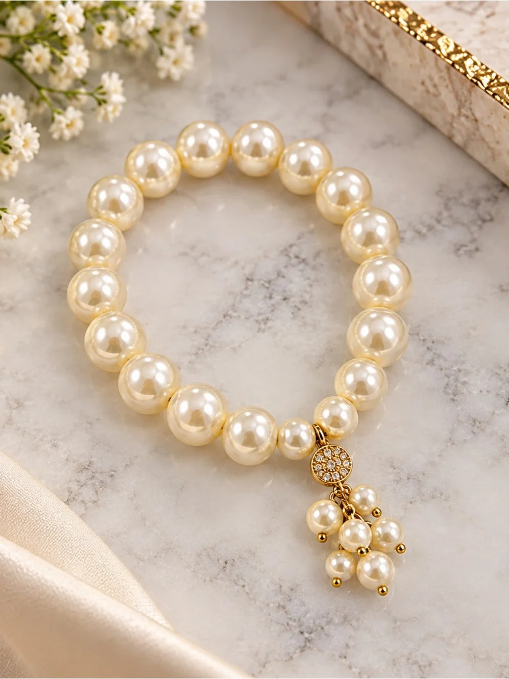 Gold-Tone Pearl Cluster Charm Bracelet - Elegant Women's Jewelry